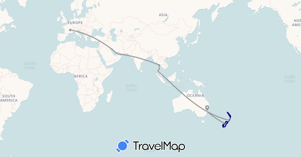 TravelMap itinerary: driving, bus, plane in United Arab Emirates, Australia, France, New Zealand, Thailand (Asia, Europe, Oceania)
